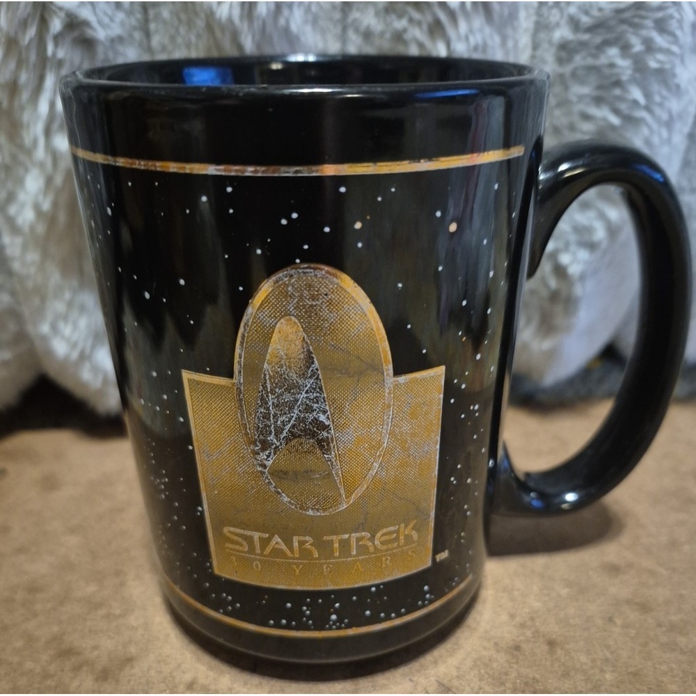 Star Trek themed coffee cup With Star Trek Badge Black and Gold